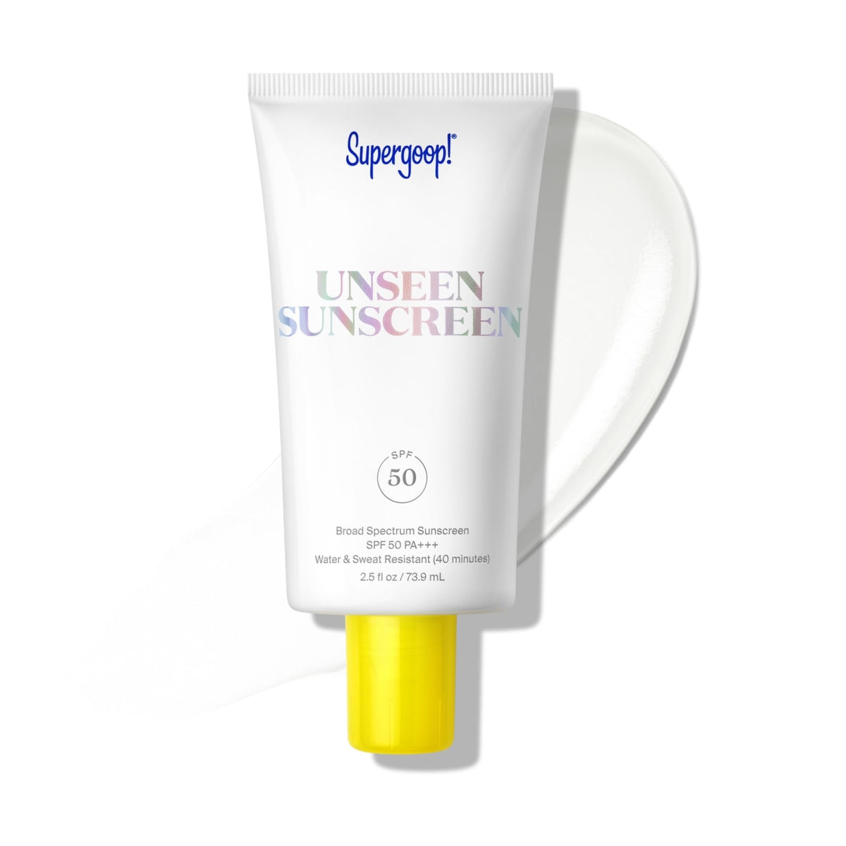 Supergoop! front tube view showing clear SPF 50 sunscreen for daily protection