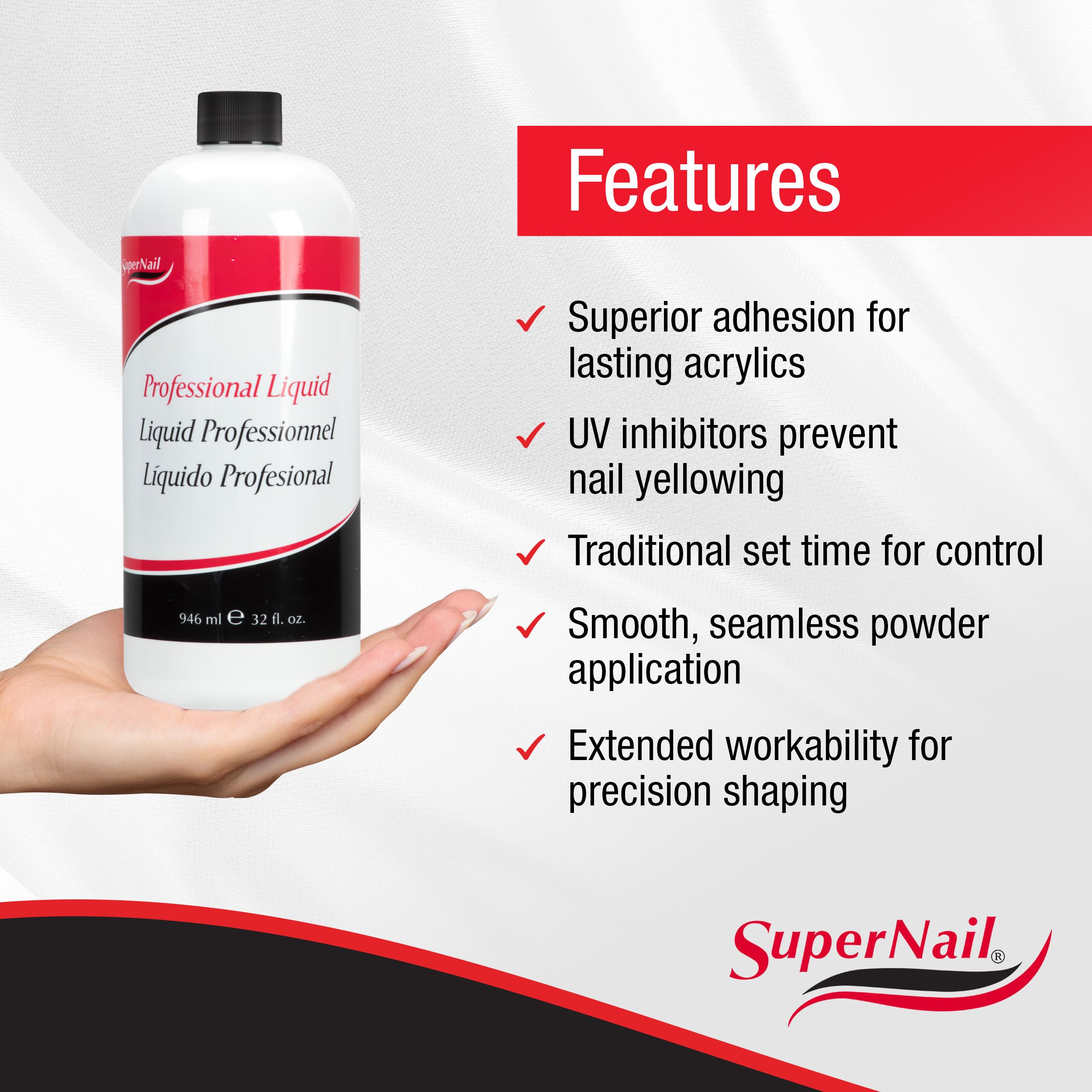 SuperNail 32oz bottle next to hand for scale highlighting bulk supply