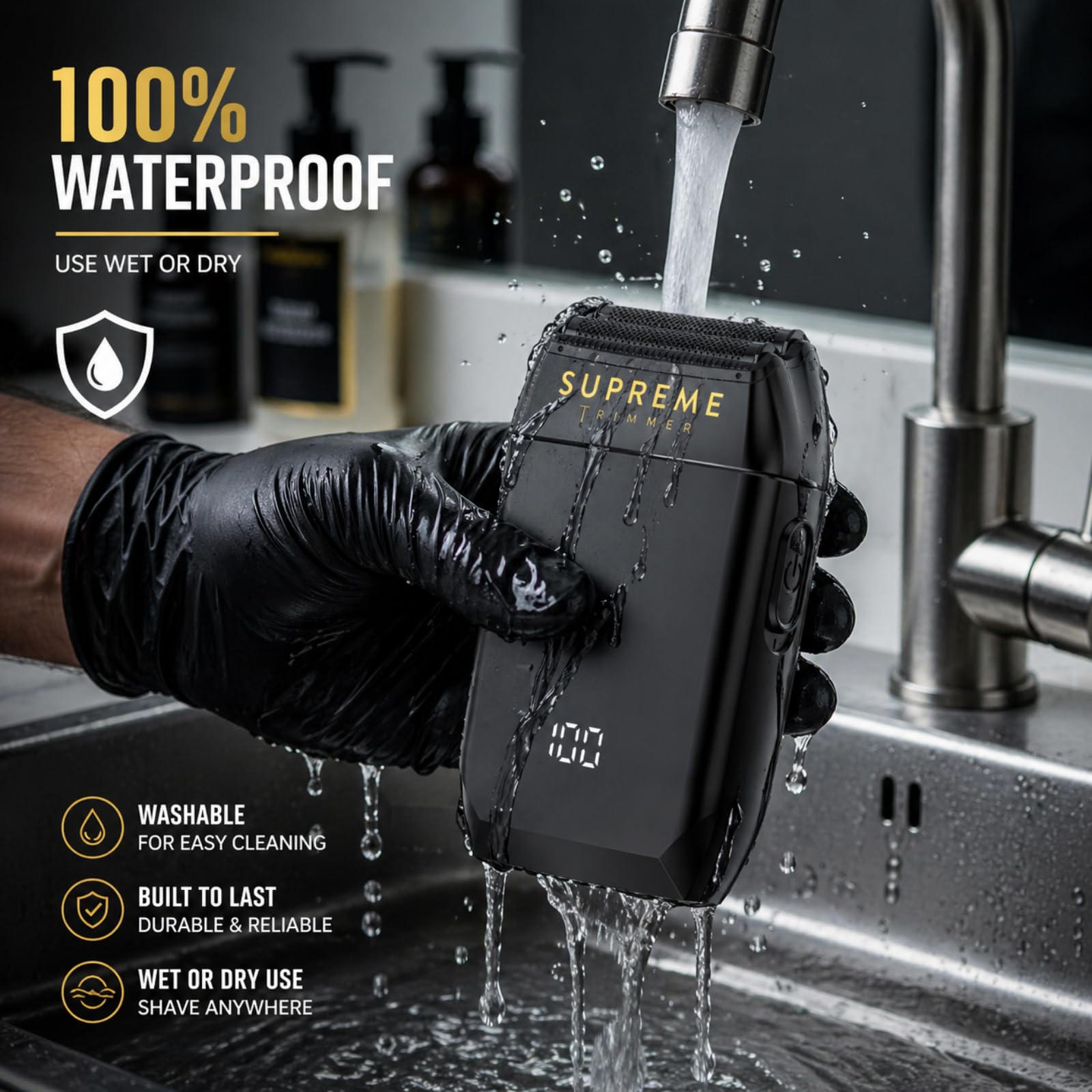 Supreme Trimmer STF602 in shower demonstrating waterproof wet/dry shaving capability