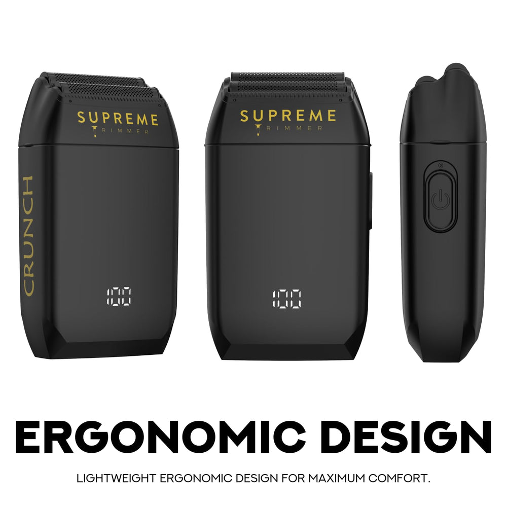 Supreme Trimmer STF602 next to travel case illustrating compact travel-ready storage