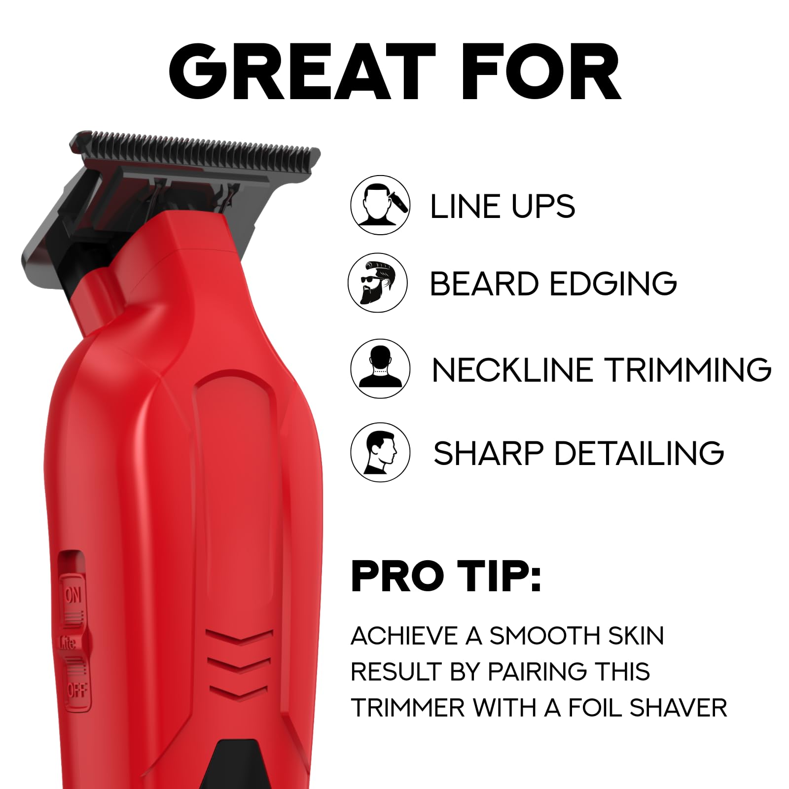 Supreme Trimmer Vader Lite blade closeup highlighting DLC T-blade for sharper cuts and durability