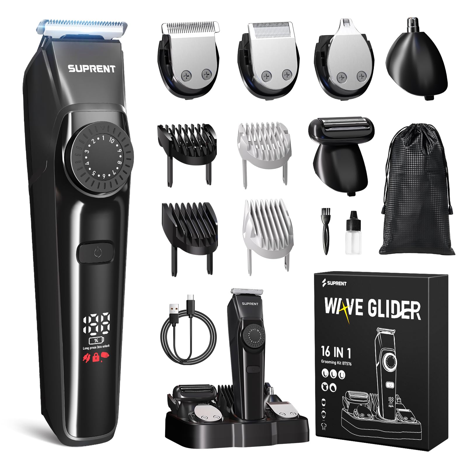 SUPRENT front view of black trimmer showing ergonomic grip and control, for comfortable handling