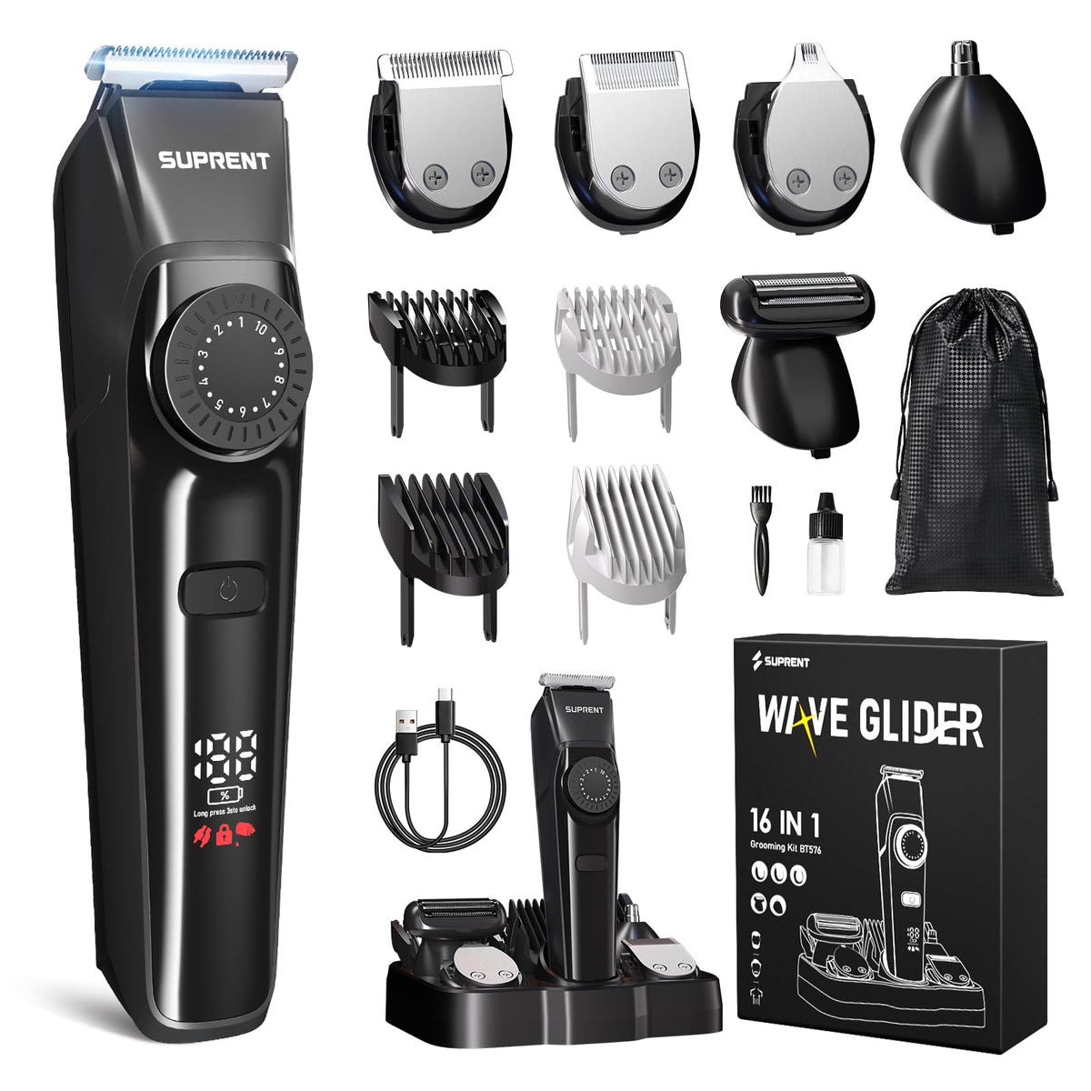 SUPRENT front view of black trimmer showing ergonomic grip and control, for comfortable handling