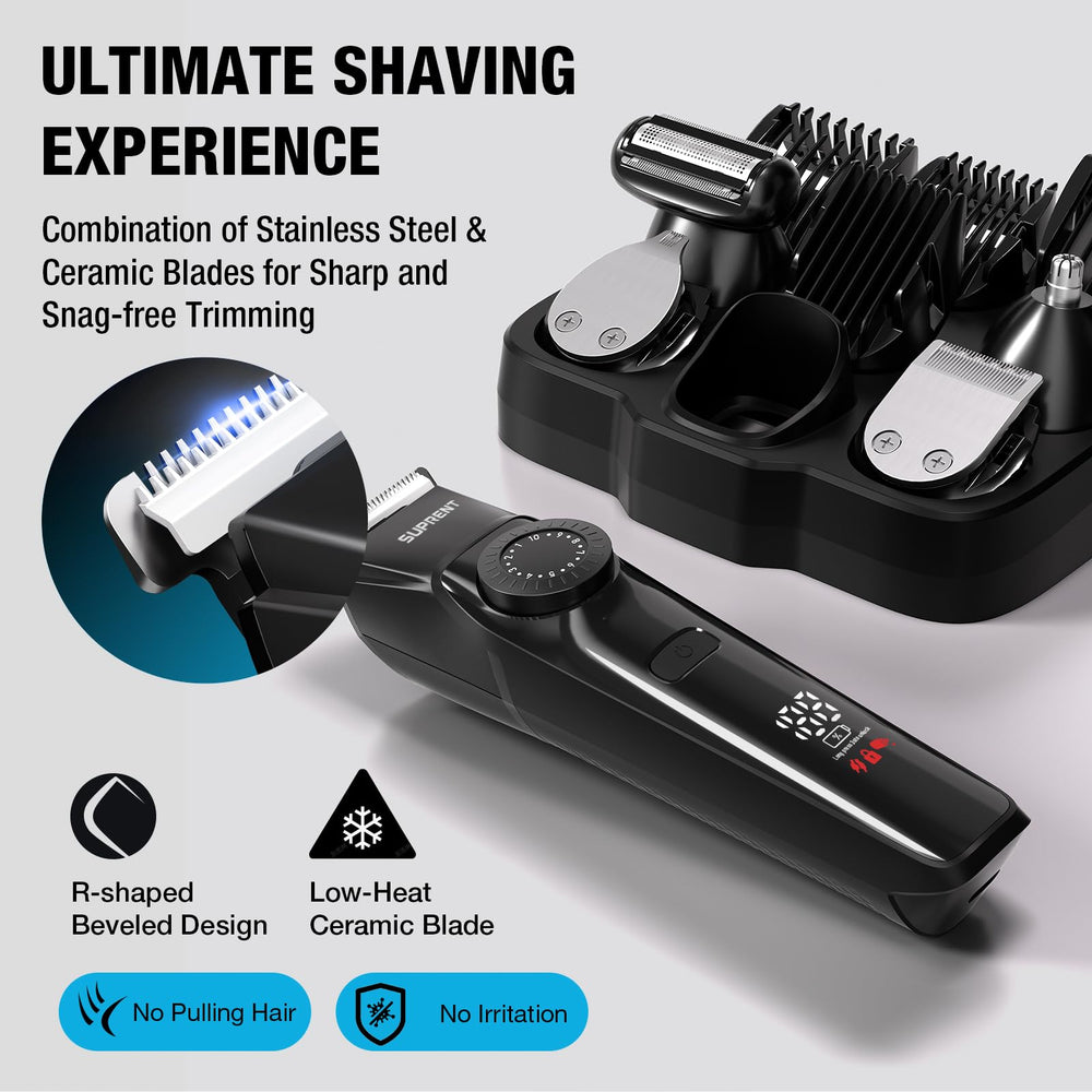 SUPRENT assortment of heads and combs laid out, offering versatile grooming options