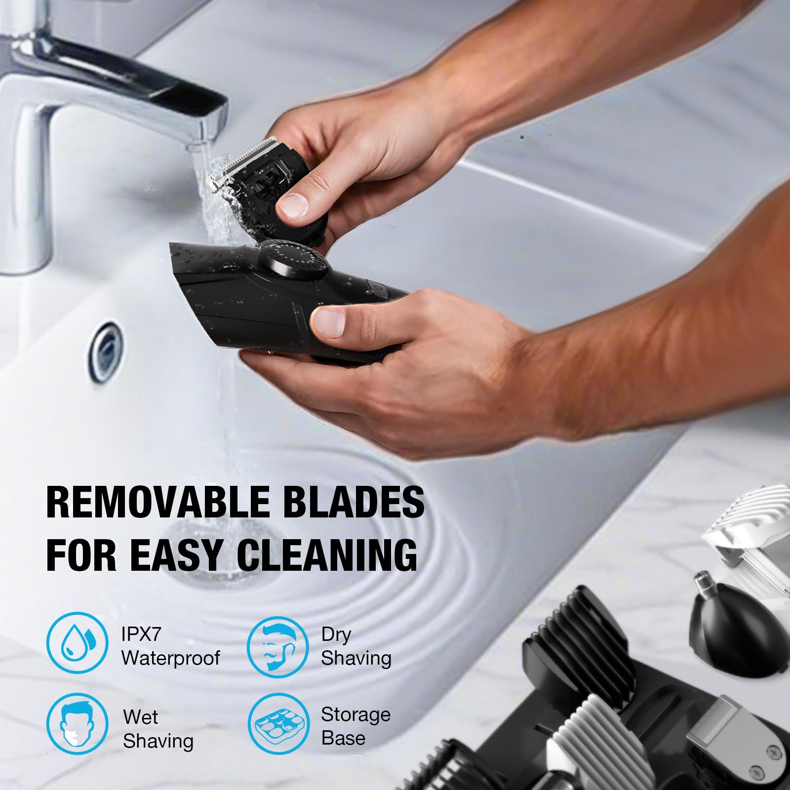 SUPRENT trimmer being used in a shower, demonstrating waterproof cleaning and safe wet use