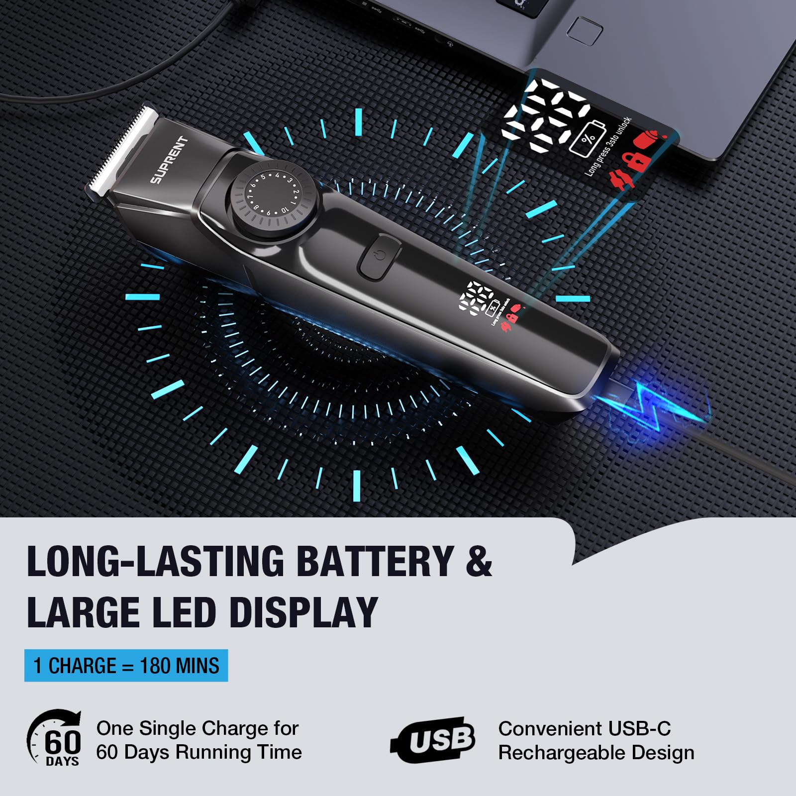 SUPRENT LED display and USB-C port visible, enabling clear battery status and fast charging