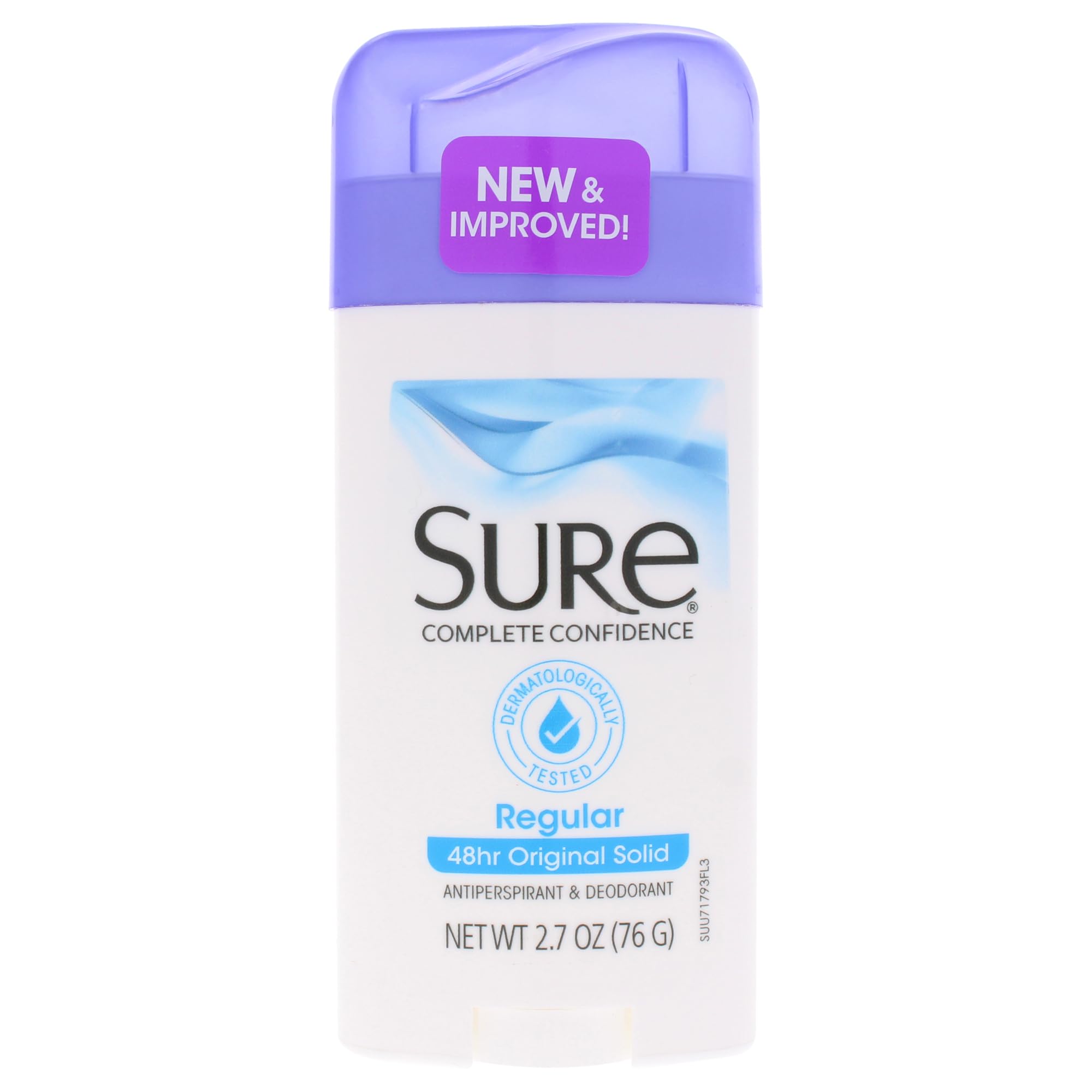 Sure Original solid stick front view showing compact 2.7 oz packaging and clear-dry benefit