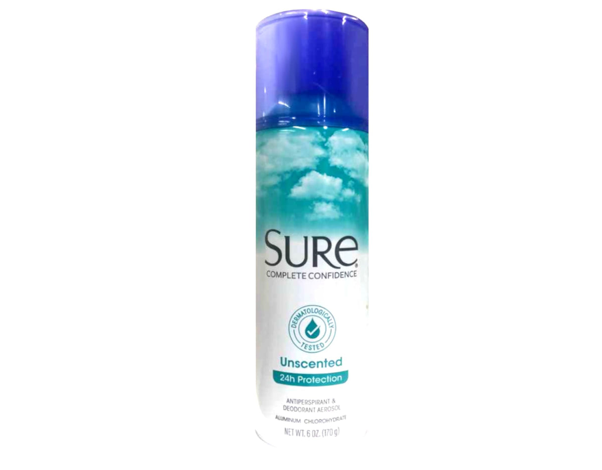 Sure front packaging showing six unscented aerosol cans for reliable protection
