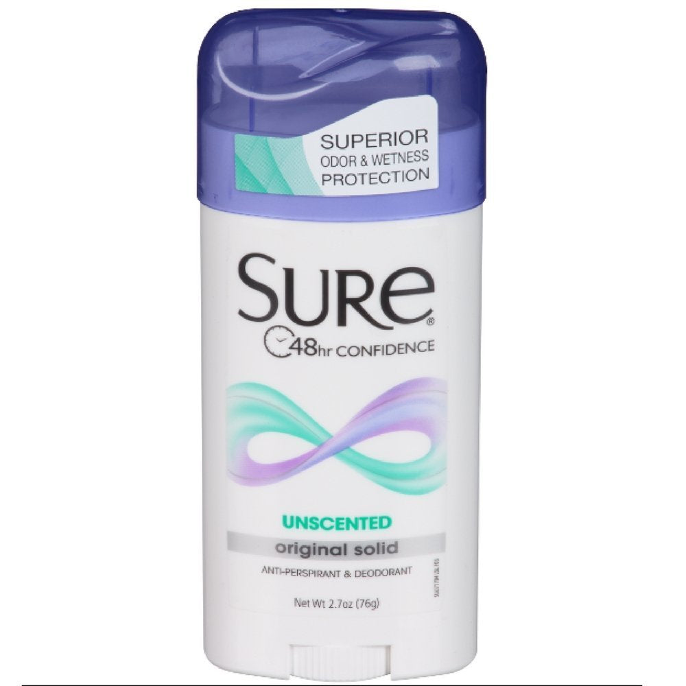 Sure unscented solid front packaging showing fragrance-free protection