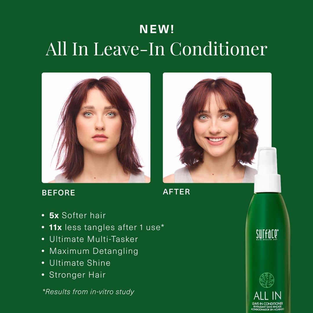 Surface bottle beside botanical ingredients emphasizing natural conditioning benefits