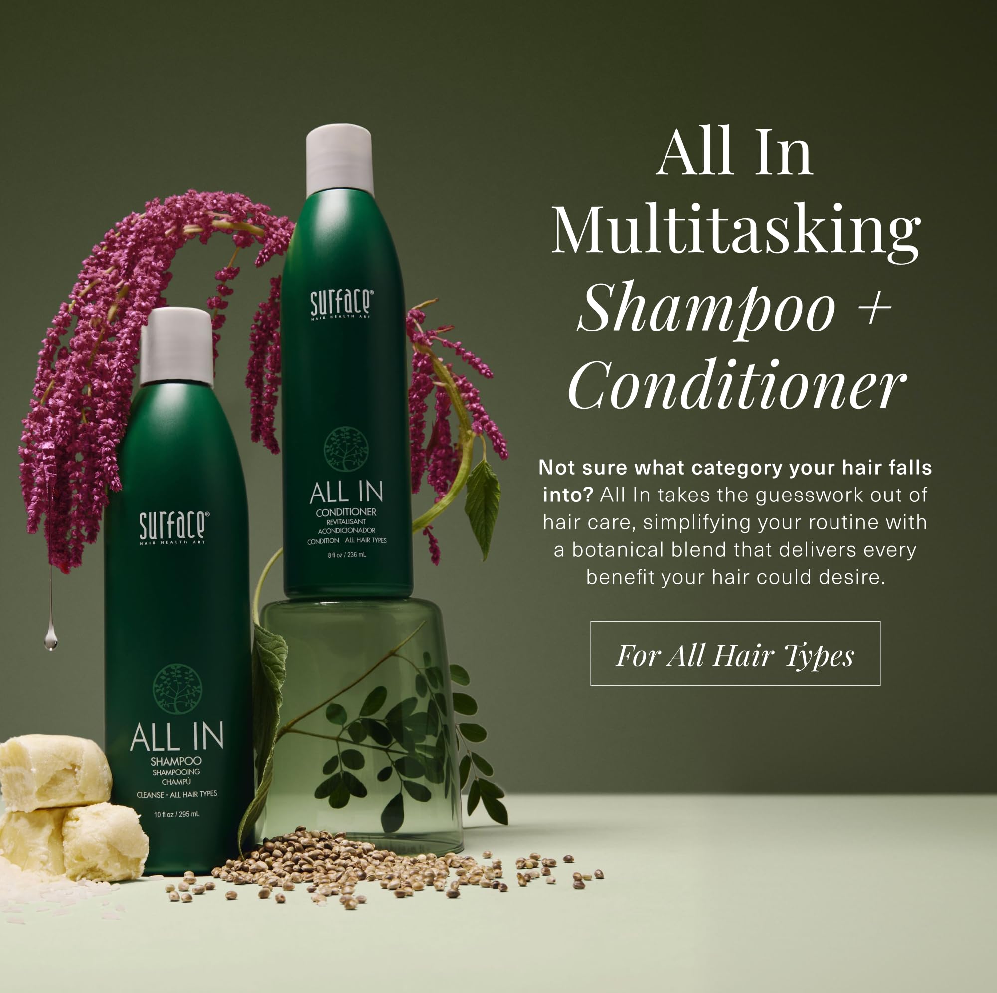 SURFACE label and pump close-up highlighting product details benefit