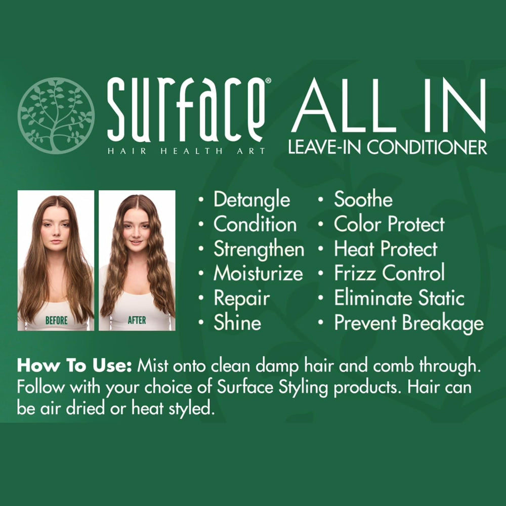 Surface spray being misted onto hair delivering detangling and heat protection