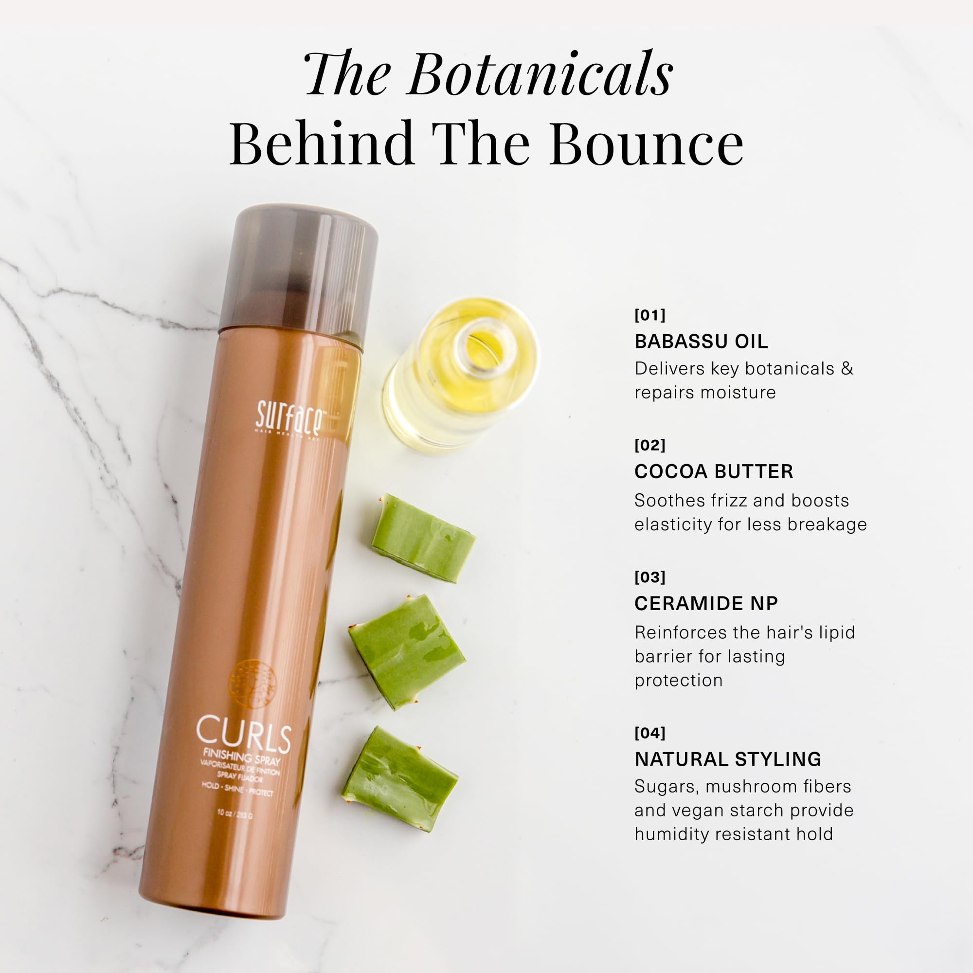 SURFACE ingredients label close-up showing babassu oil and ceramide NP benefits