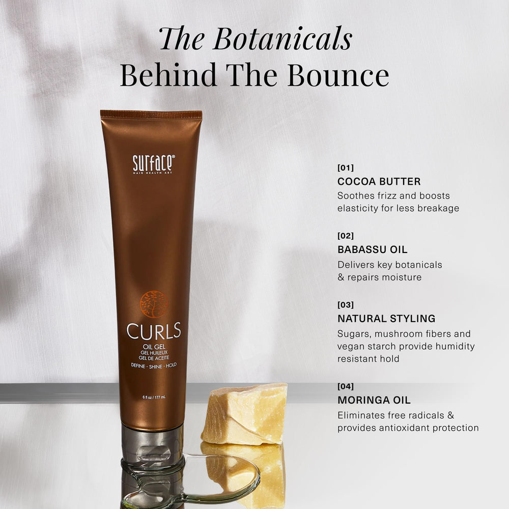 SURFACE ingredient display with babassu oil and cocoa butter highlighting natural nourishment