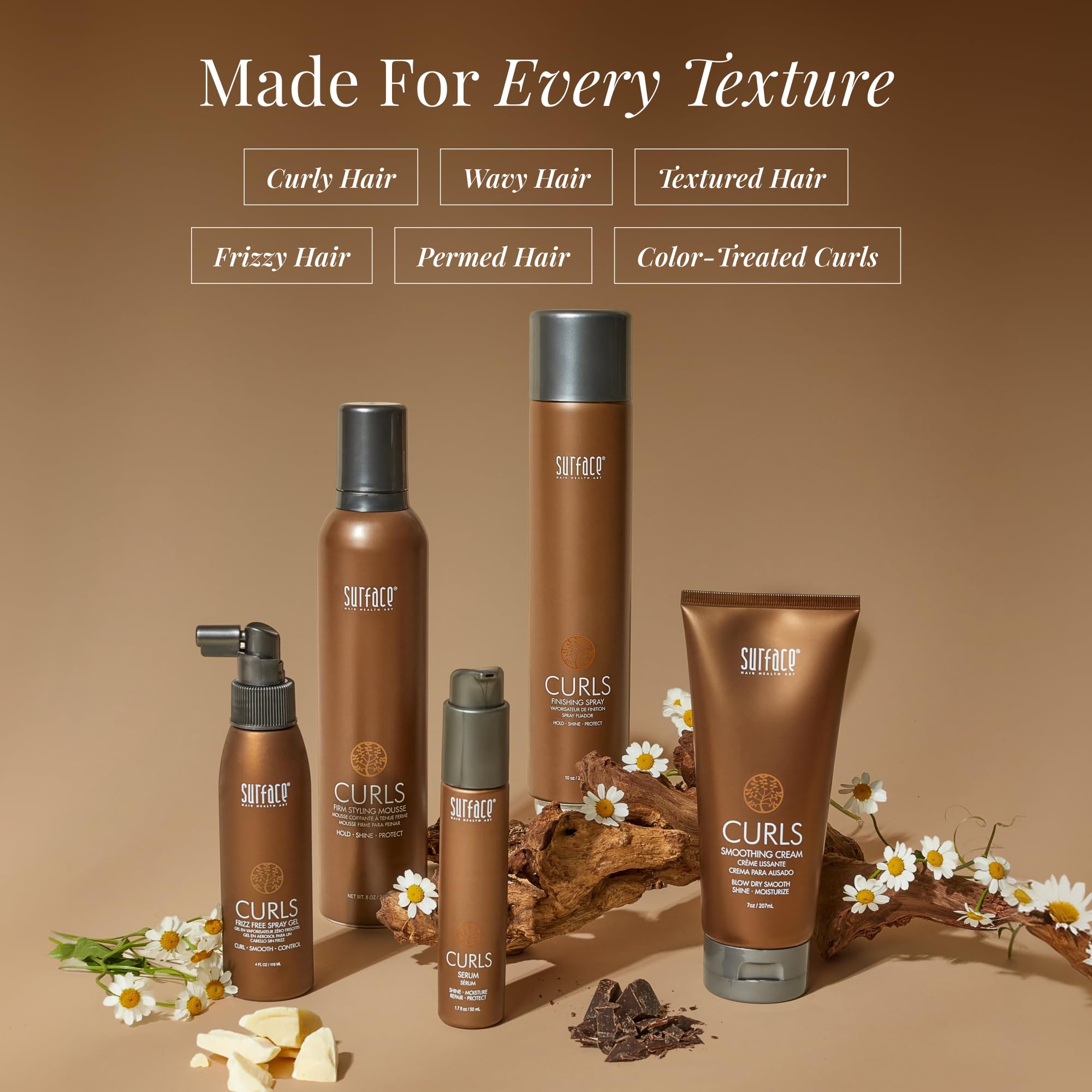 SURFACE on model with defined medium curls showcasing shine and definition benefit