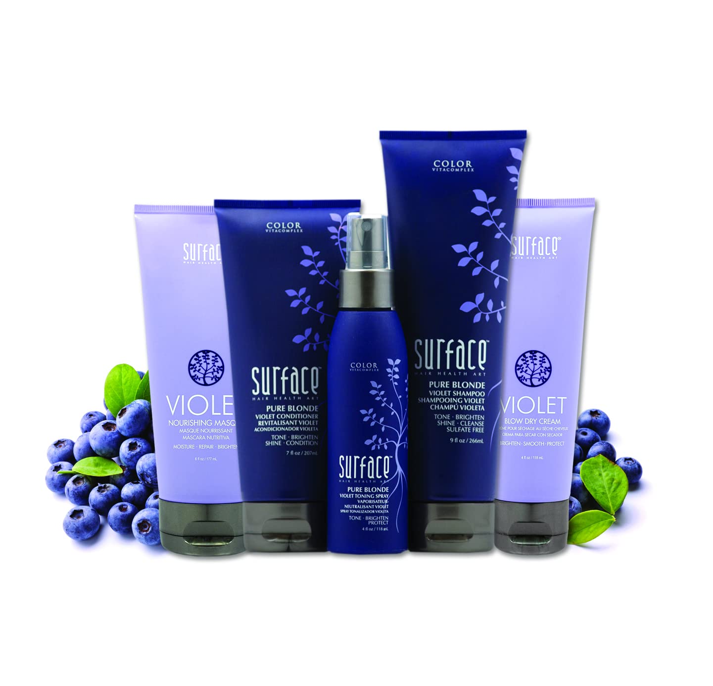 Surface violet conditioner paired with matching shampoo for complete purple toning routine