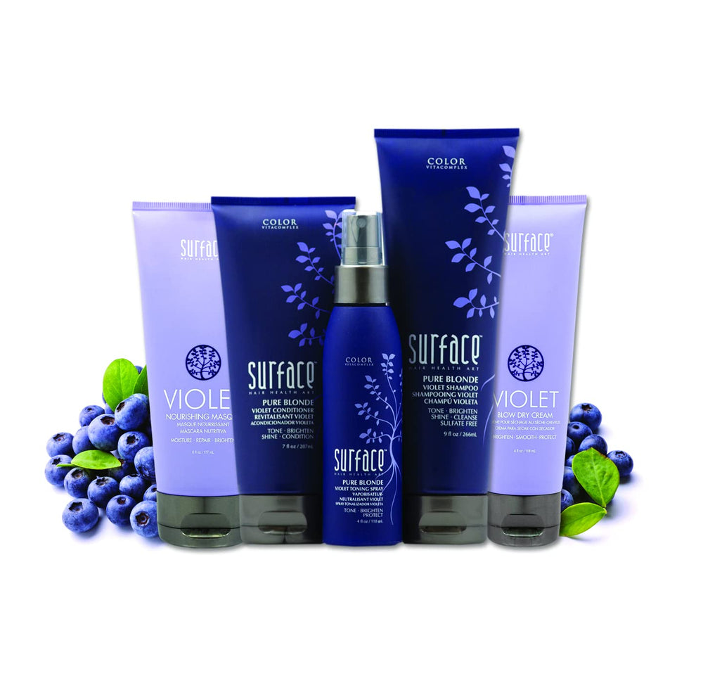 Surface violet conditioner paired with matching shampoo for complete purple toning routine