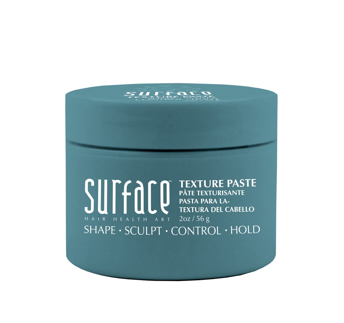 Surface texture paste front jar showing matte packaging and 2 oz size for portability