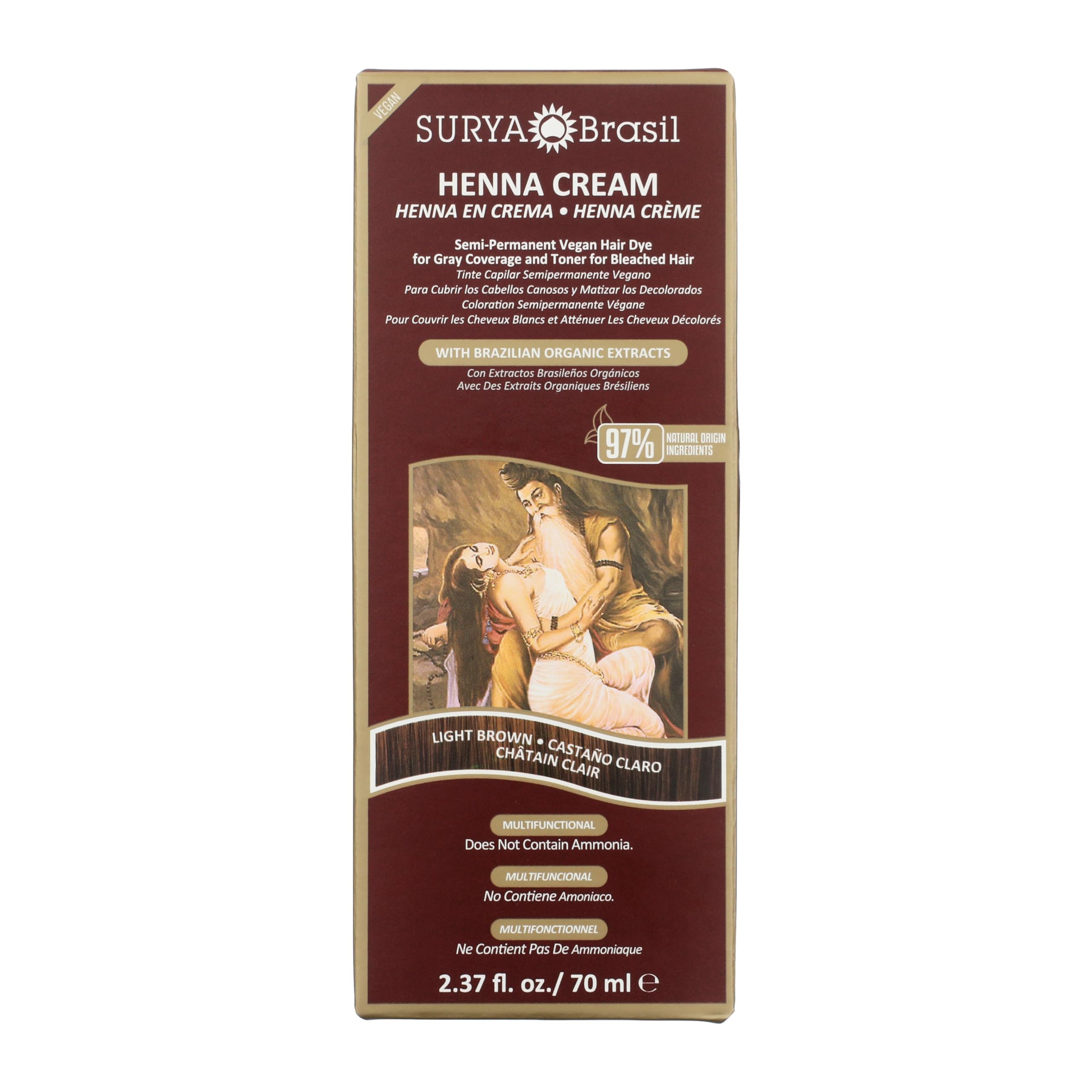 Surya Brasil front packaging showing light brown shade and natural formula benefit