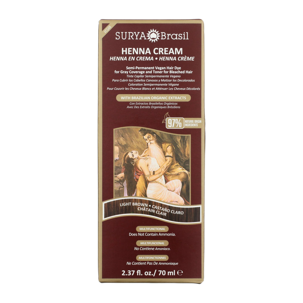 Surya Brasil front packaging showing light brown shade and natural formula benefit