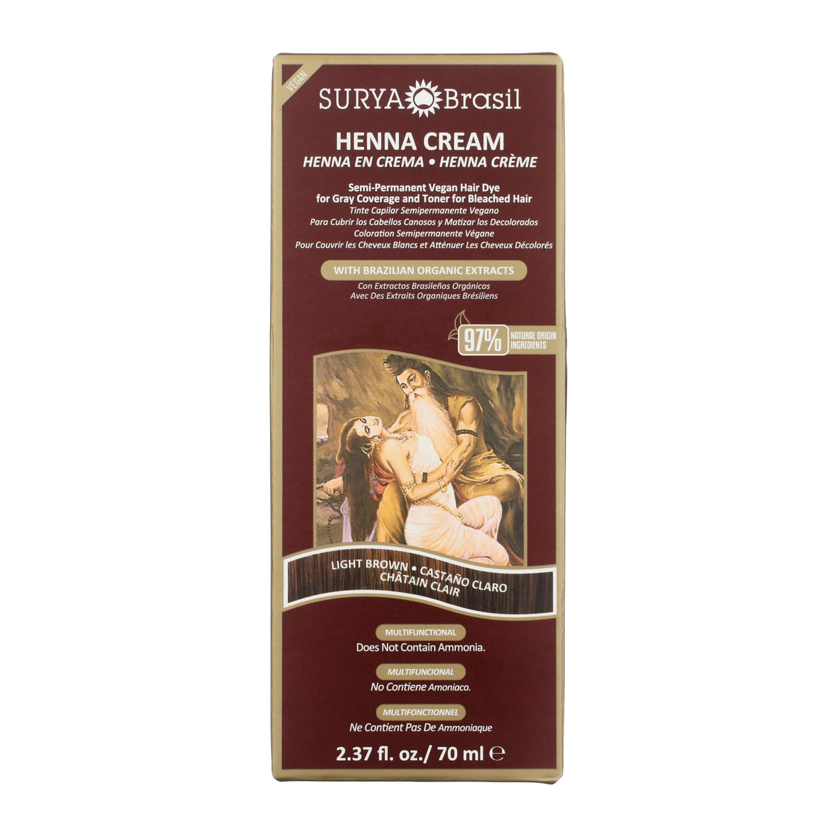 Surya Brasil front packaging showing light brown shade and natural formula benefit