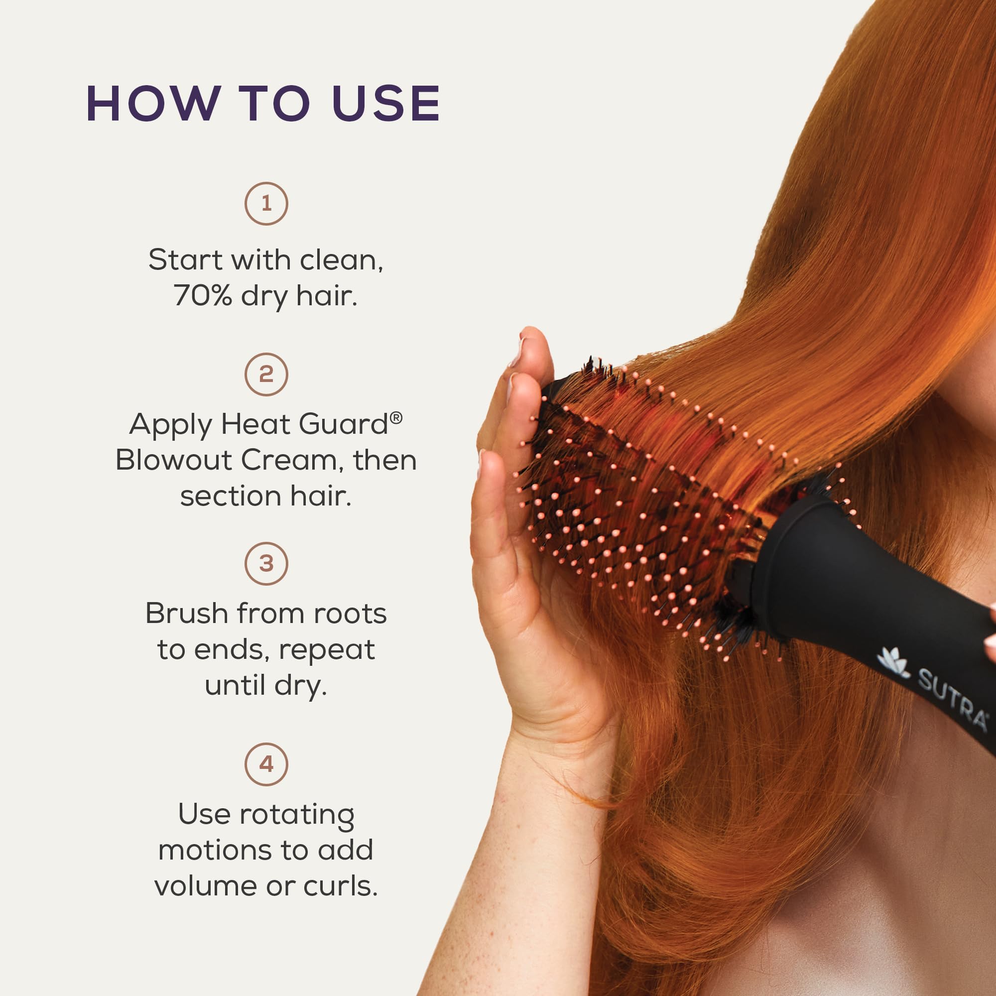 SUTRA brush in use on long hair producing voluminous, frizz-reduced blowout