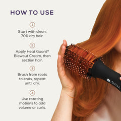 SUTRA brush in use on long hair producing voluminous, frizz-reduced blowout