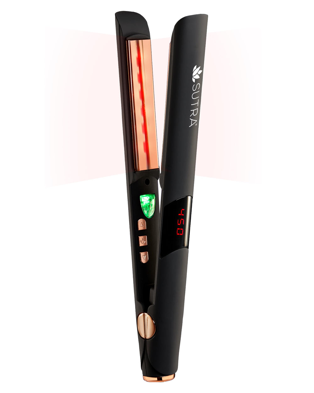 SUTRA IR2 flat iron front view showing rose gold plates and sleek body for professional styling