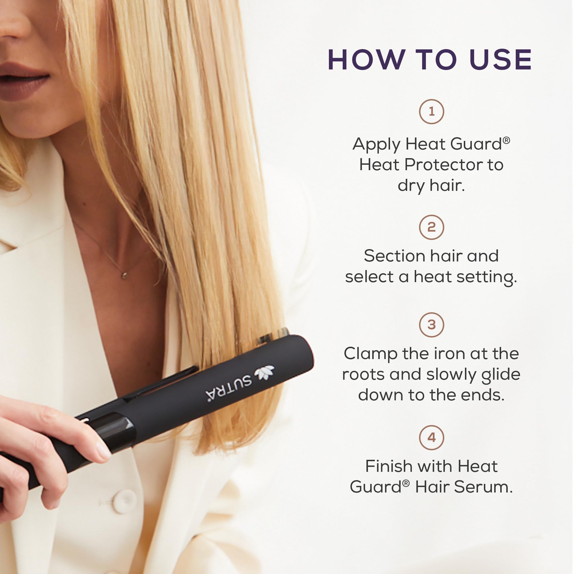 SUTRA iron being used to straighten bangs for quick, frizz-free styling and glossy results