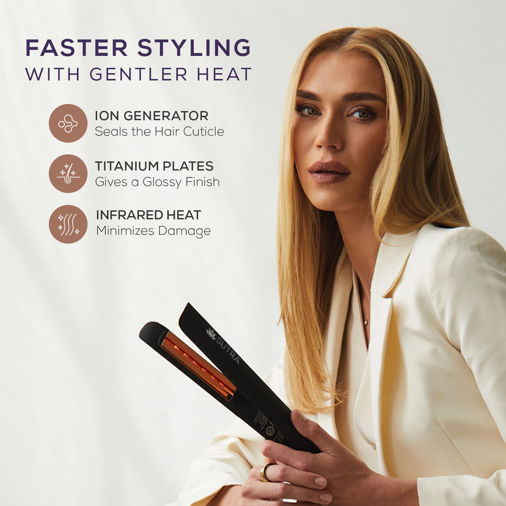 SUTRA flat iron in hand to show 1-inch plate scale and travel-friendly compact size
