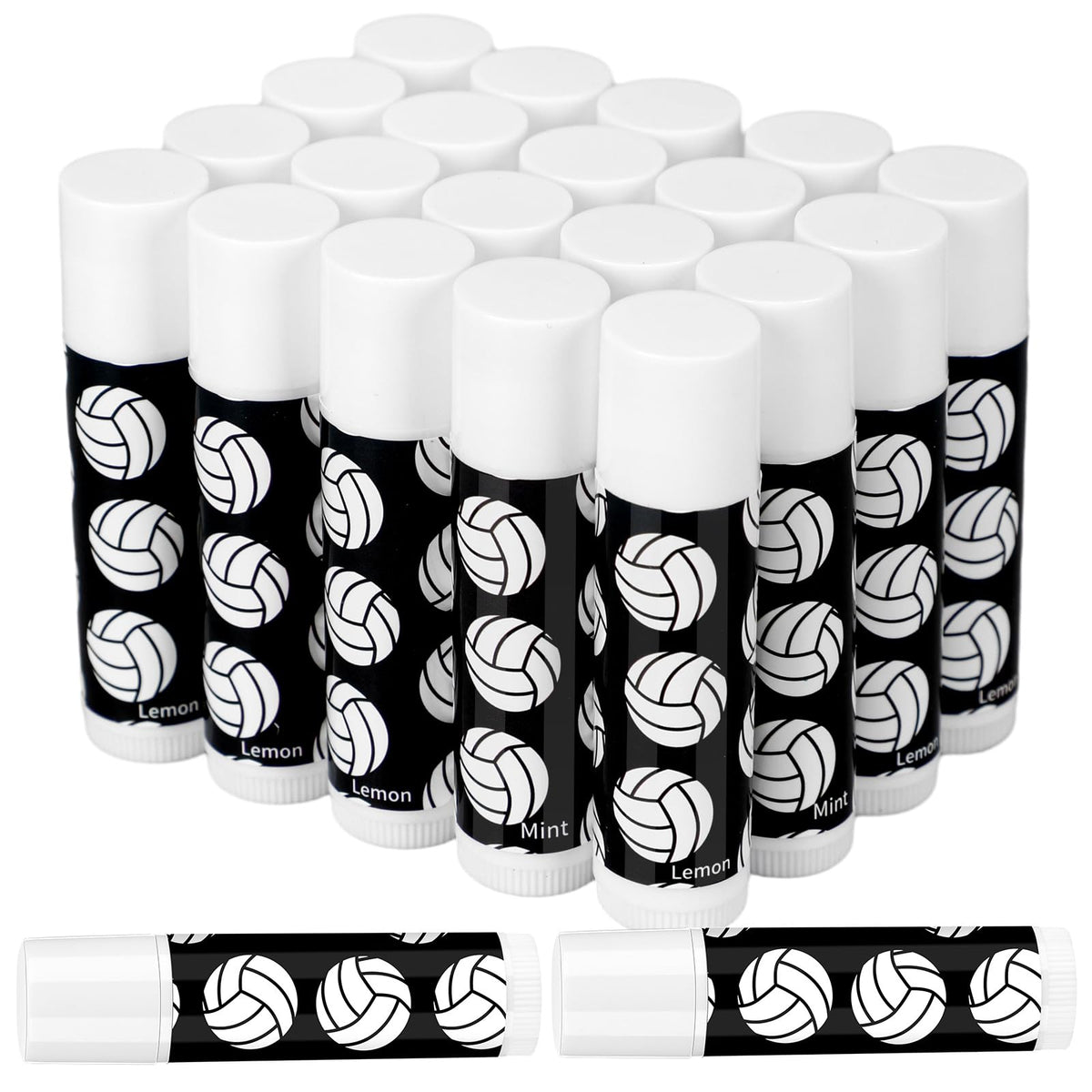 Suttmin front packaging showing 24 volleyball lip balms, great for teams