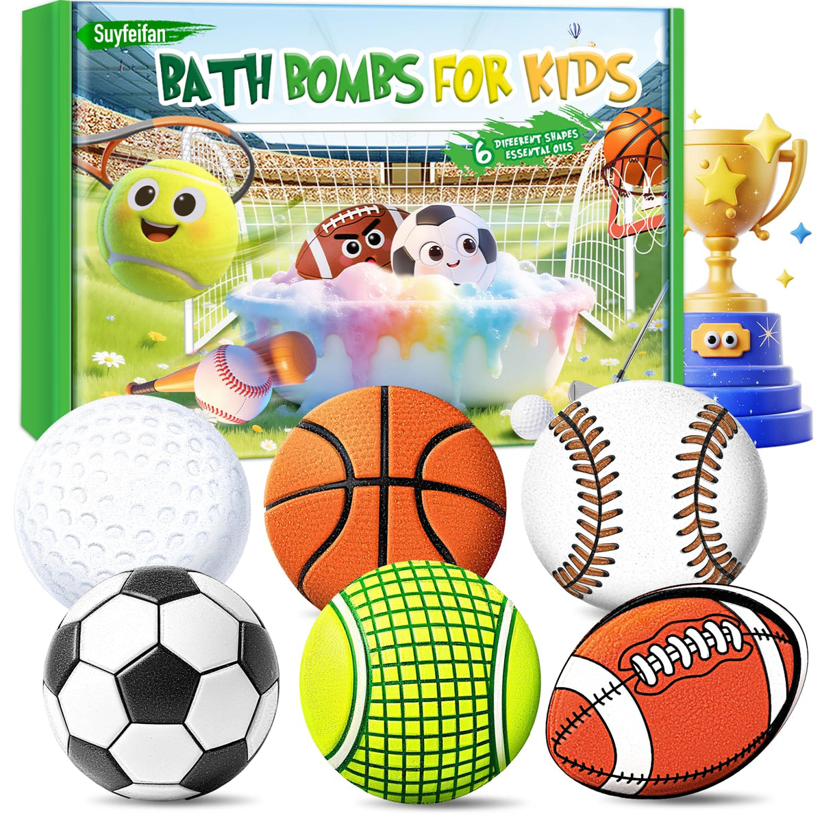Suyfeifan front packaging showing colorful sports-shaped bath bombs and clear benefits