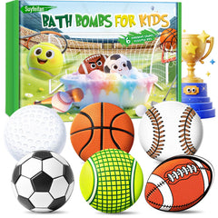 Suyfeifan front packaging showing colorful sports-shaped bath bombs and clear benefits