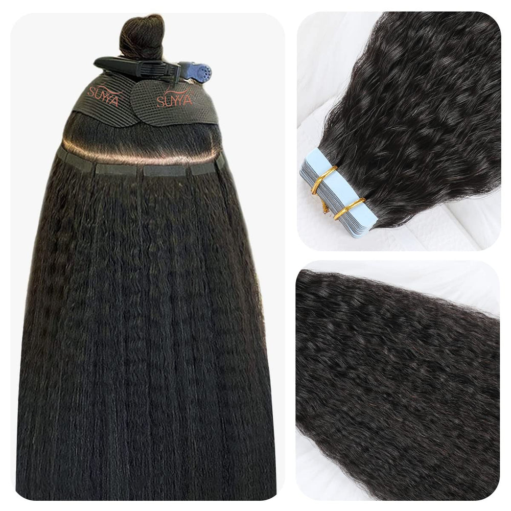 SUYYA front view showing 18-inch jet black extensions and natural blend benefit