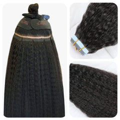 SUYYA front view showing 18-inch jet black extensions and natural blend benefit
