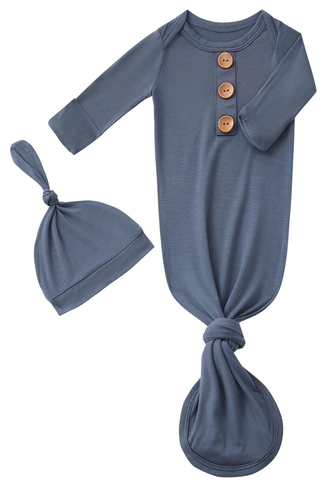 SUZEL front view of navy knotted gown and hat showing soft fit and coordinated look