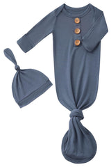 SUZEL front view of navy knotted gown and hat showing soft fit and coordinated look