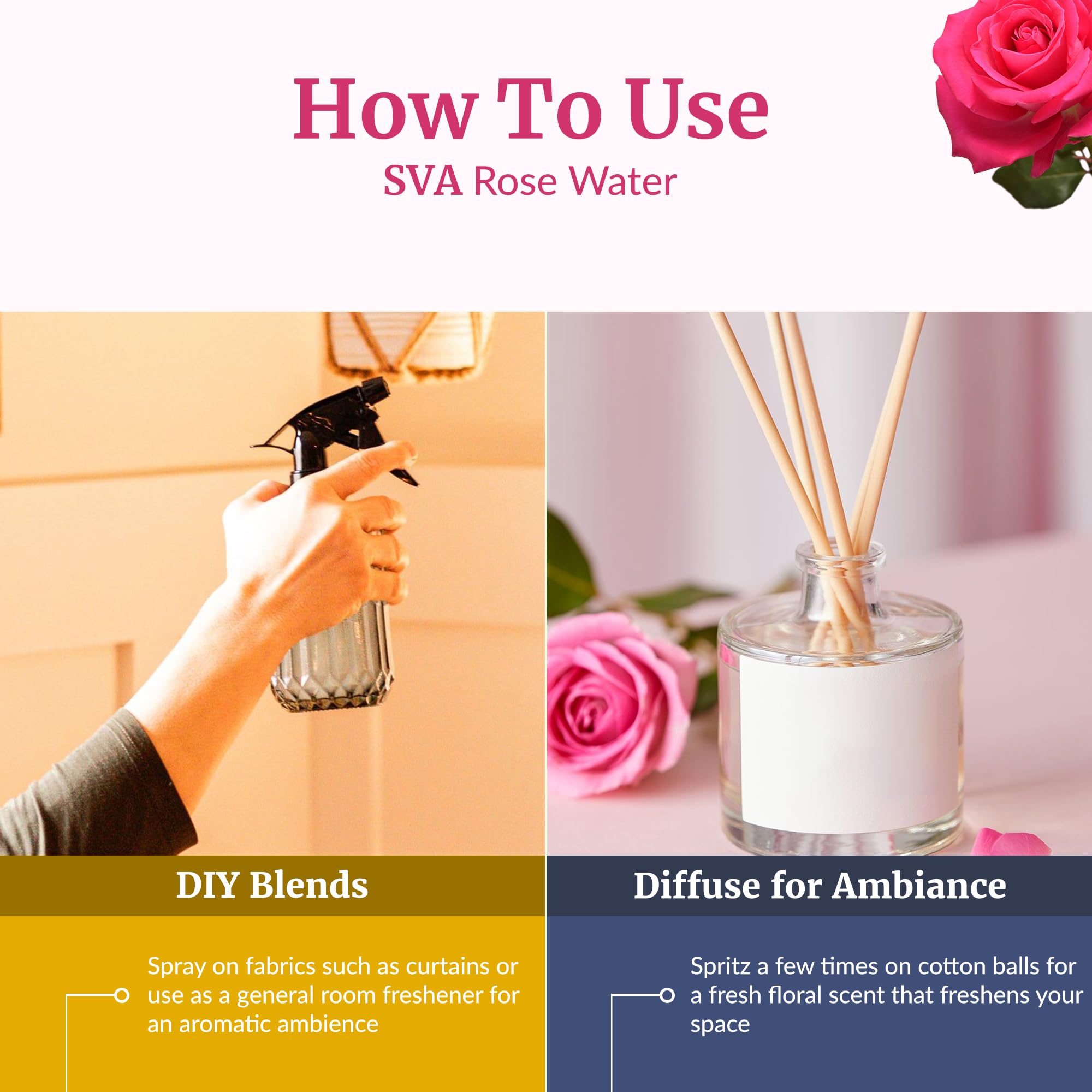 SVA ORGANICS bottle beside bath items showing calming aromatic bath use