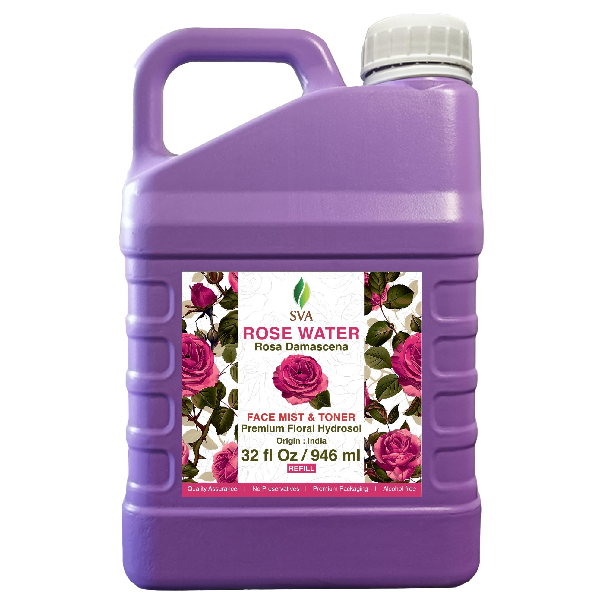 SVA ORGANICS front bottle view showing large 32 oz size and spray cap benefits hydration