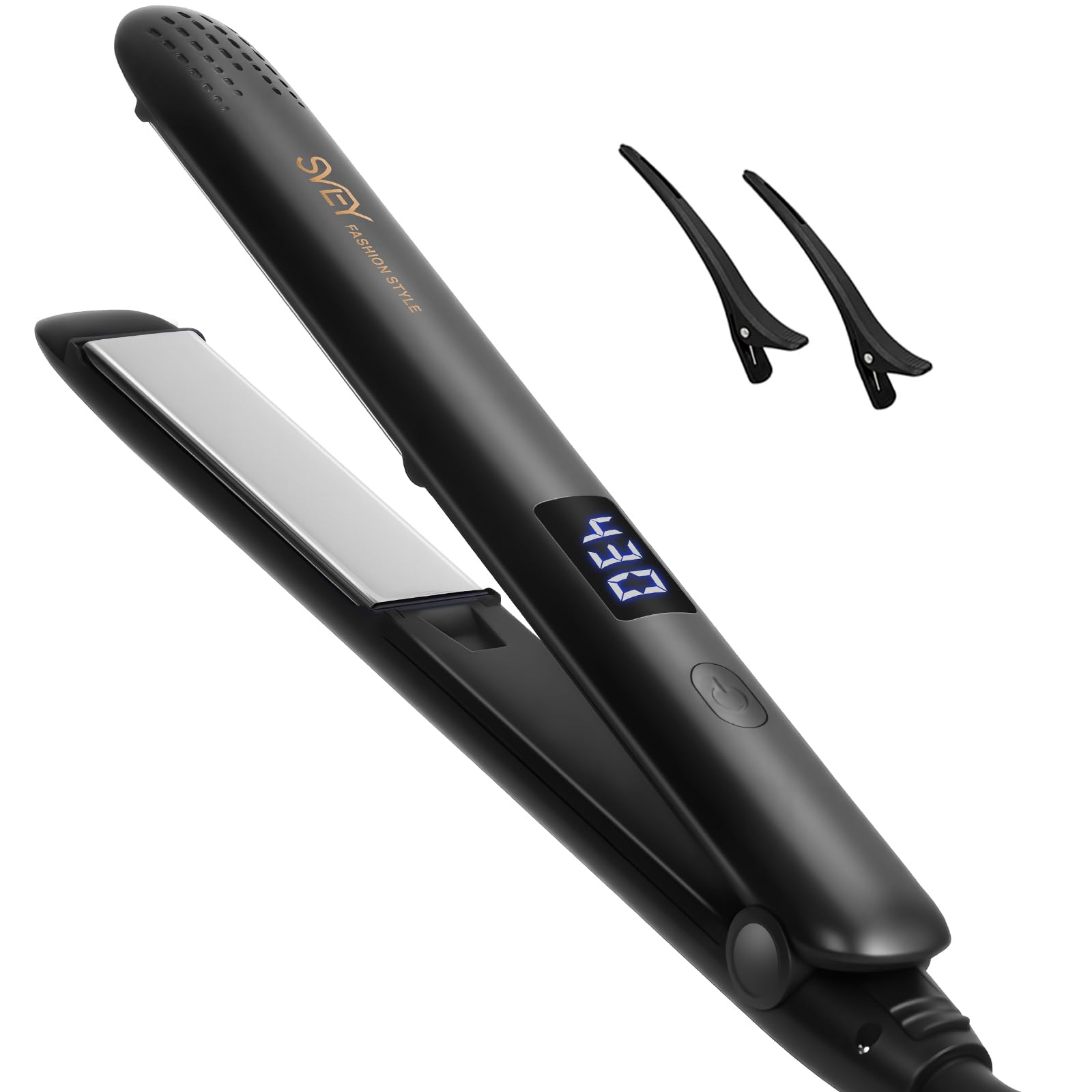 SVEY front view of flat iron showing design and compact build for travel