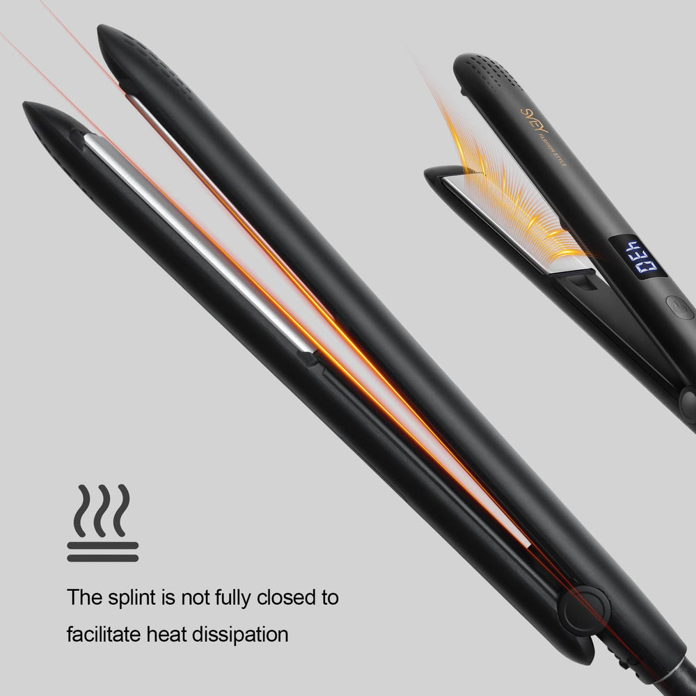 SVEY flat iron held in hand for scale to show compact travel size