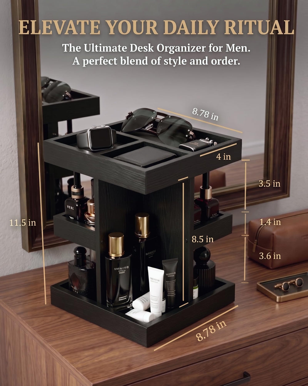 SwartLife organizer on dresser with grooming items demonstrating tidy, visible daily setup