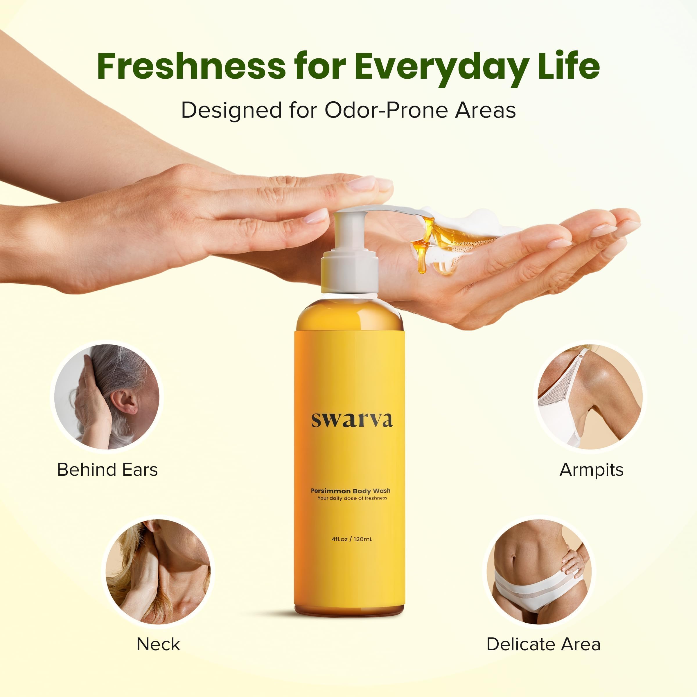 Swarva bottle next to hand showing size and travel-friendly benefit