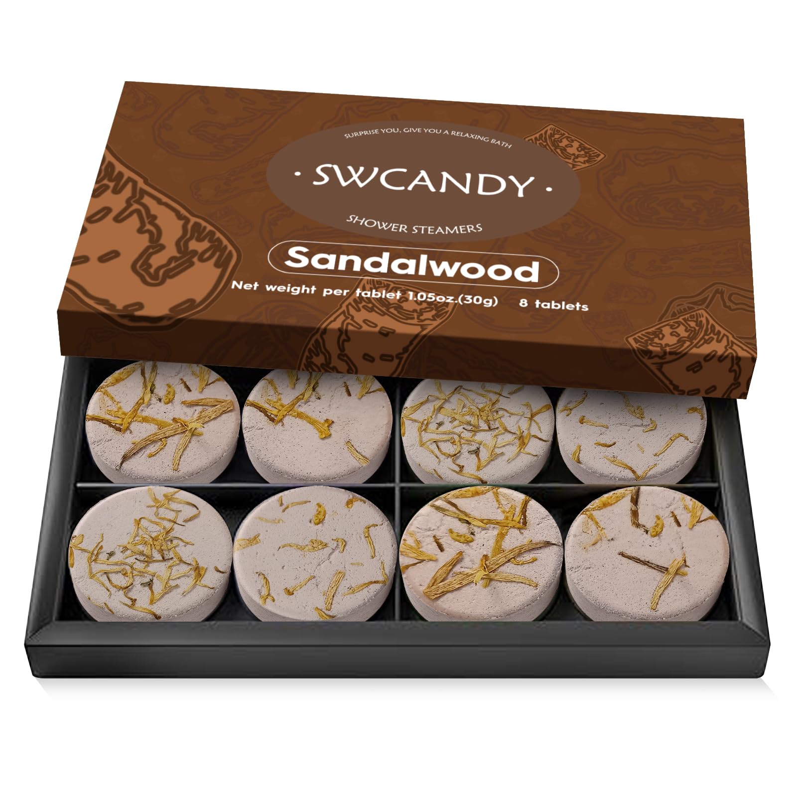 SWCANDY front packaging showing eight sandalwood steamers and clear benefit