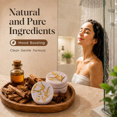 SWCANDY steamer on shower floor releasing sandalwood aroma for calm showers