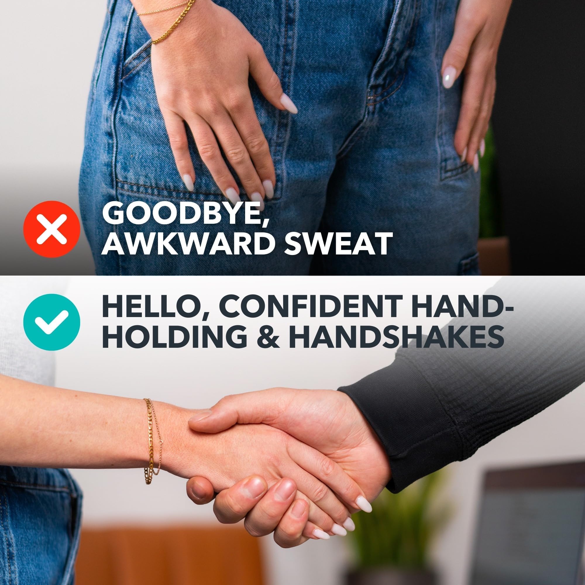 Applying SweatBlock to palms illustrating easy use and immediate dryness benefit