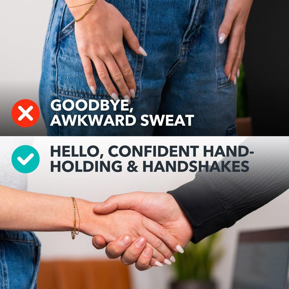 Applying SweatBlock to palms illustrating easy use and immediate dryness benefit