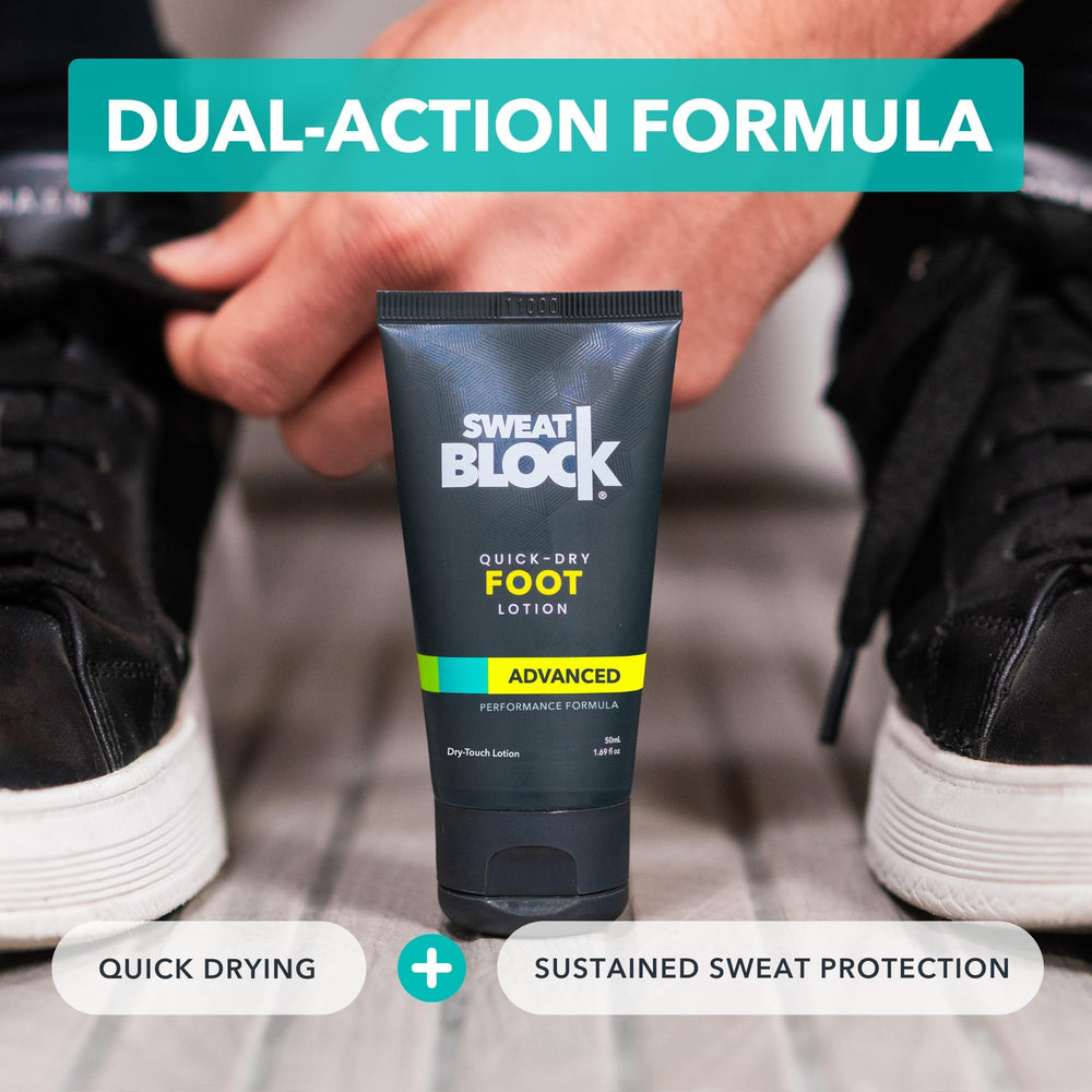 Applying SweatBlock lotion to foot demonstrating targeted sweat control benefit