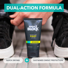 Applying SweatBlock lotion to foot demonstrating targeted sweat control benefit