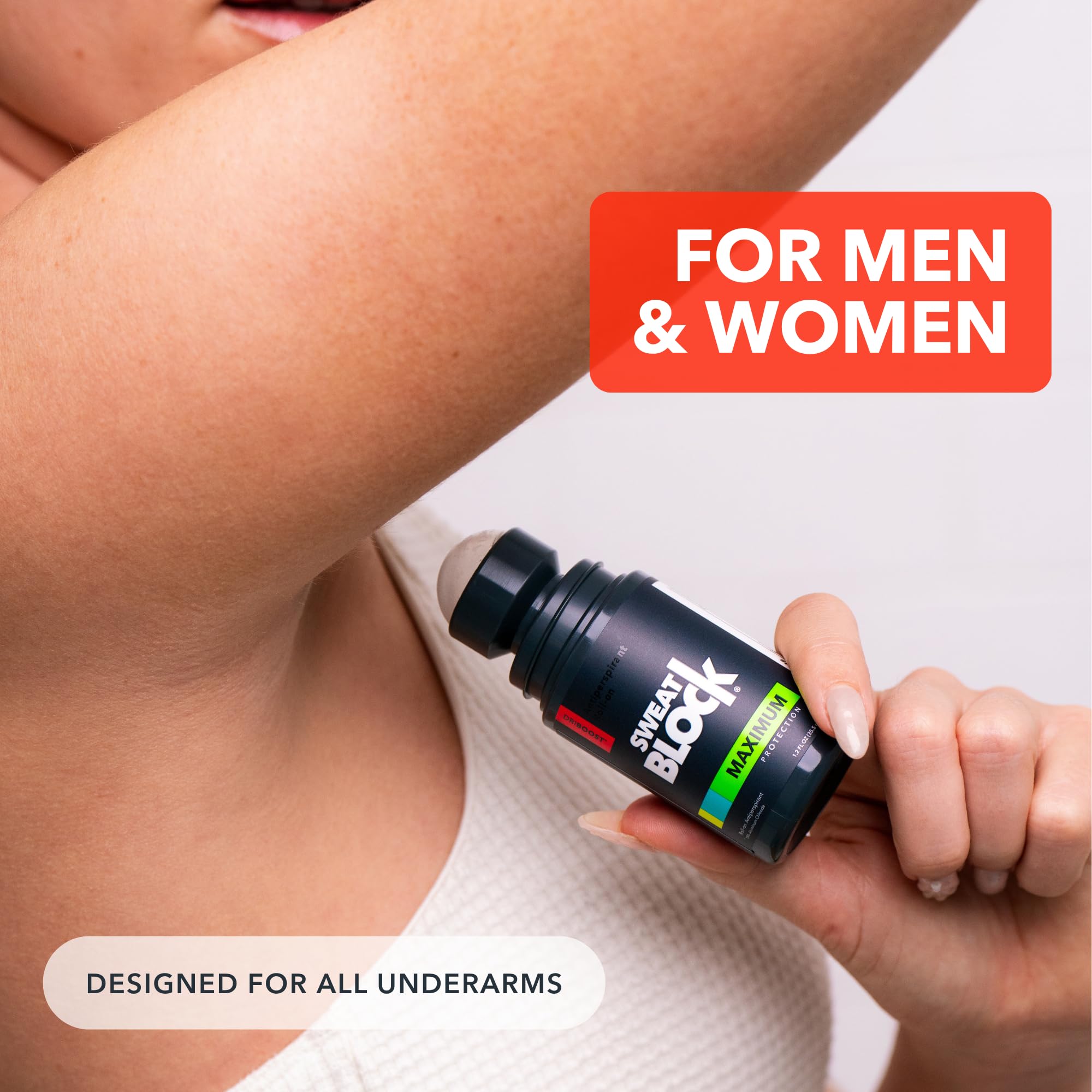 SweatBlock bottle beside a shirt illustrating protection from sweat stains
